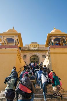 Jaipur, India - December 29, 2014: Tourist visit Amber Fort near Jaipur, Rajasthan, India on December29, 2014. The Fort was built by Raja Man Singh I.