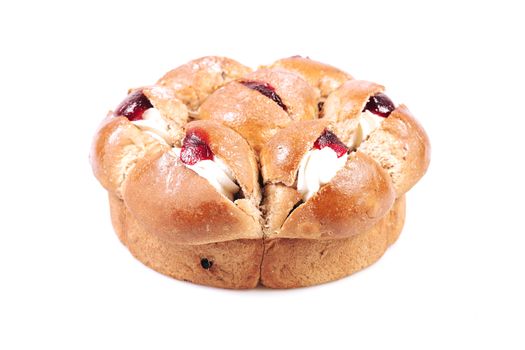 Raspberry jam and cream pastry on a white background
