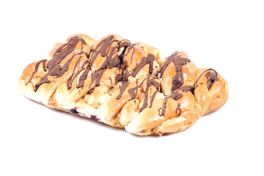 Chocolate and caramel danish pastry on a white background