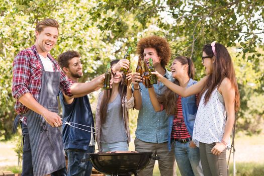 Happy friends in the park having barbecue on a sunny day