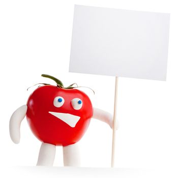 Tomato mascot holding blank card isolated on white background