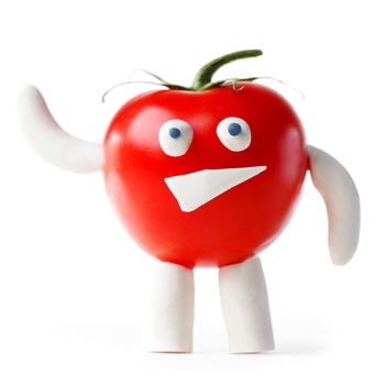 Funny tomato mascot waving you isolated on white background