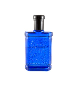 blue bottle of perfume on white background