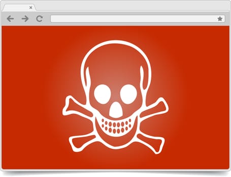 Simple opened browser window on white background with skull and shadow. Browser template / mockup.