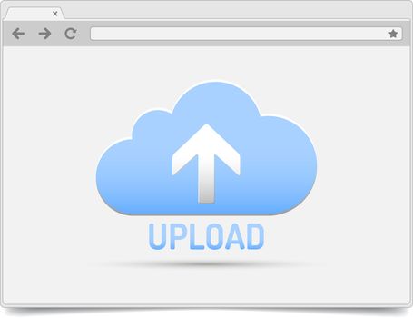 Simple opened browser window on white background with upload cloud and shadow. Browser template / mockup.