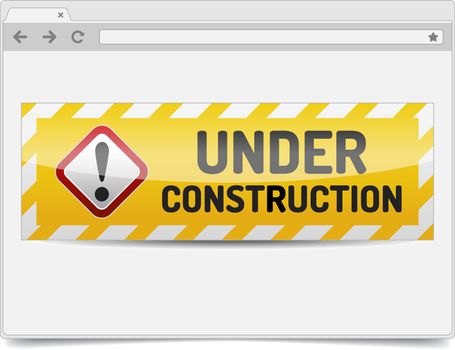 Simple opened browser window on white background with under construction sign. Browser template / mockup.
