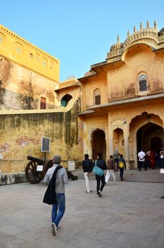 Jaipur, India - December 30, 2014: Tourist visit Traditional architecture, Nahargarh Fort in Jaipur, Rajasthan, India.  Nahargarh Fort Built mainly in 1734 by Maharaja Sawai Jai Singh II, the founder of Jaipur.