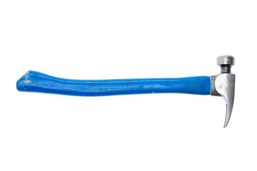 Used metal hammer with a blue handle for DIY, renovation and construction displayed sideways isolated on a white background