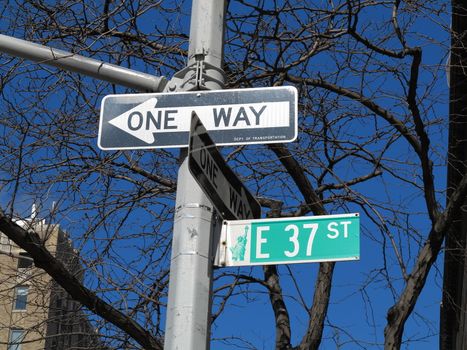 Manhattan background - Street signs on New York City 37th Street.