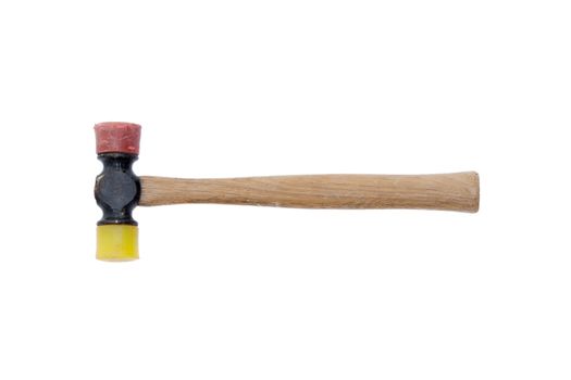 Close up Single Red and Yellow Mallet Hammer with Wooden Handle Isolated on a White Background.