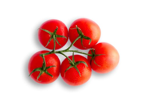 Bunch of juicy ripe red organic tomatoes on the vine for a tasty salad and cooking ingredient, view from above on a white background