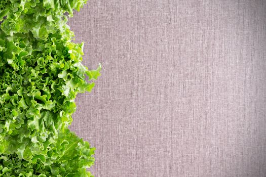 Side border of crisp leafy green California lettuce on a textured neutral beige linen textile with copyspace and corner vignette