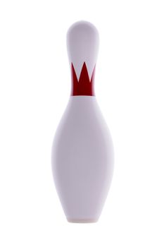 Single isolated bowling pin for playing tenpin bowling in an indoor alley with a colorful red collar on a white background