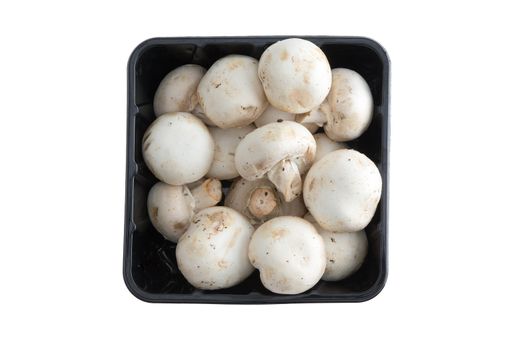 Container of farm fresh button mushrooms, or Agaraicus bisporus, one of the most popular cultivated mushrooms used in vegetarian and savory cuisine, isolated on white, overhead view