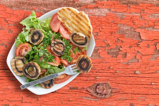 Healthy grilled mushroom salad with tomatoes lettuce parsley served on rustic table with a grilled bread and a fork. Viewed from above