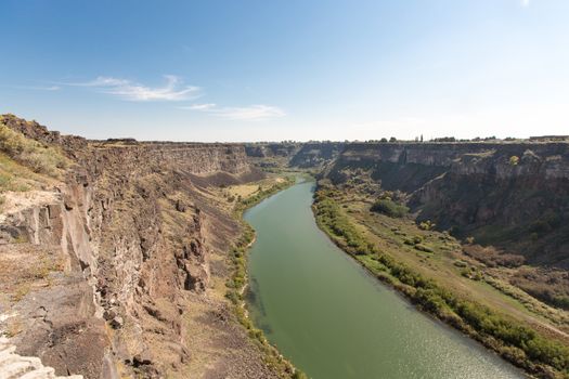 Panorama Aerial View of Tranquil Snake River Canyon Near Twin Falls, Idaho on a Sunny Climate.