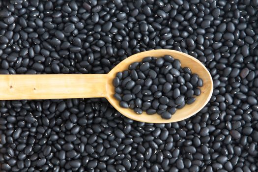 Background texture of healthy dried black beans or turtle beans, Phaseolus vulgaris, with a spoonful in a wooden kitchen spoon centered in the frame