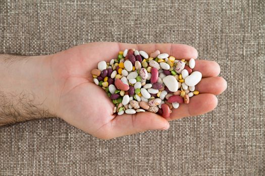 Man holding 15 assorted mixed beans and legumes in his hand including kidney, lima, black-eyed, yellow eye, garbanzo and pinto beans, lentils, split peas, overhead view