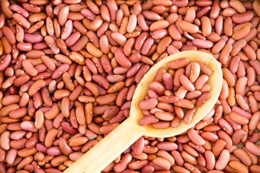 Plenty of Light Red Dry Kidney Beans with Wooden Spoon for Wallpaper Backgrounds, Captured in High Angle View.