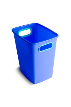 Tall open blue plastic bucket with green handles for household chores, storage or gardening isolated on a white background