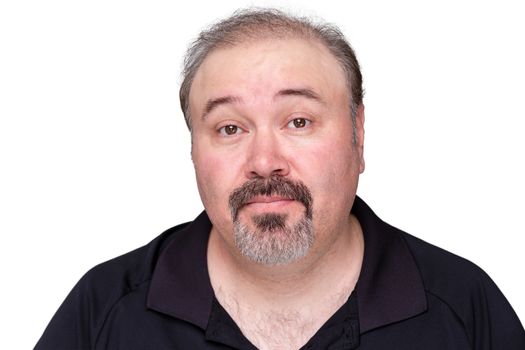 Skeptical middle-aged man raising his eyebrows with a look of surprise and distrust, head and shoulders isolated on white