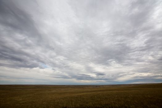 Landscape view under a dramatic grey cloudy sky of the vast open plains and prairies of North Dakota, America stretching as flat unbroken fields as far as the eye can see