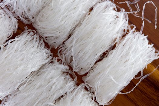 Mung bean vermicelli or cellophane noodles, a transparent thread-like noodle made from dried mung bean paste for use in traditional Asian cuisine