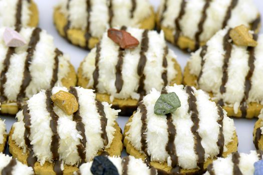 Several coconut cookies with chocolate stripes decorated with chocolate pebble