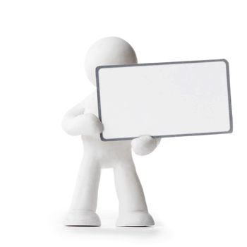Plasticine man holding sign isolated on white background