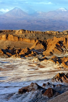 Valley of the Moon (Valle de Luna) in the Atacama Desert in northern Chile. The white areas are deposits of salt. The volcano in the far distance is Mount Licancabur (5600m - 19300ft)