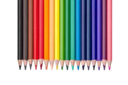 single row of colored pencils isolated on white background