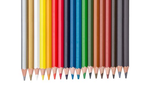 single row of colored pencils isolated on white background