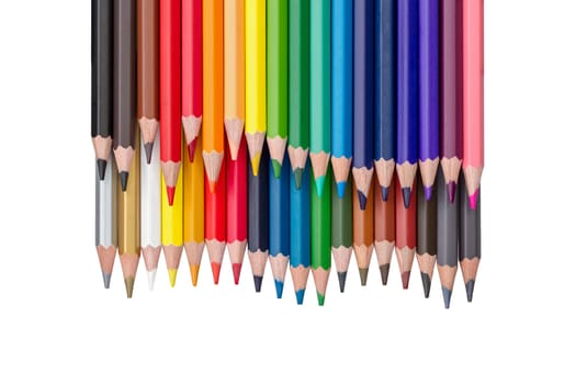 two rows of colored pencils isolated on white background