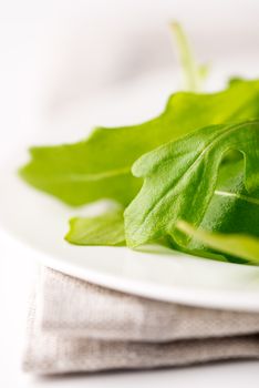 Fresh arugula leaves in white plate on table cloth. Selective focus. Shallow DOF