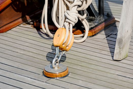 Yacht. Yachting. Sailboat block and rope detail.