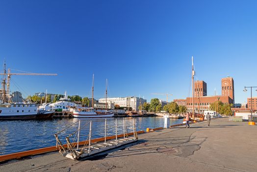 View of Oslo Radhuset (town hall) from the sea, Oslo, Norway