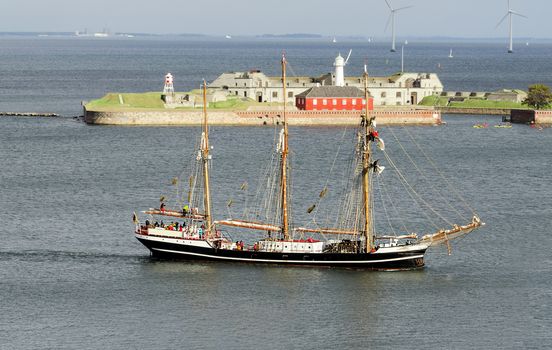 Tall ship entering harbour at Copenhagen, Denmark