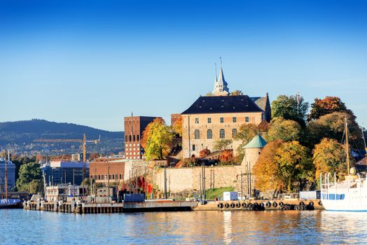 Akershus Fortress at sunset on autumn day, Oslo, Norway