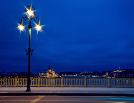 City lights on Margaret bridge in Budapest, Hungary