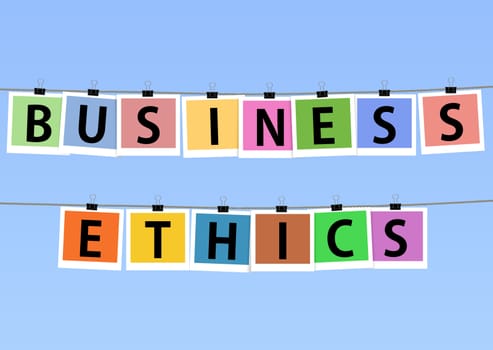 Illustration of colorful photos hanging on lines with the words "Business Ethics"
