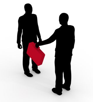 Illustration of two businessmen with one handing over a red briefcase