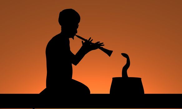 Illustration of a man playing a flute and charming a snake