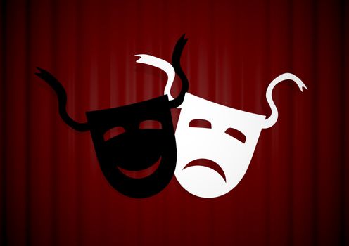 Illustration of two masks in front of a red curtain