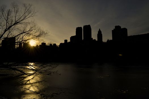 Picture of a winter sunset by central park west