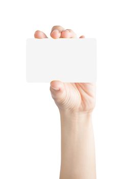 Female hand hold blank card isolated on white background with clipping paths
