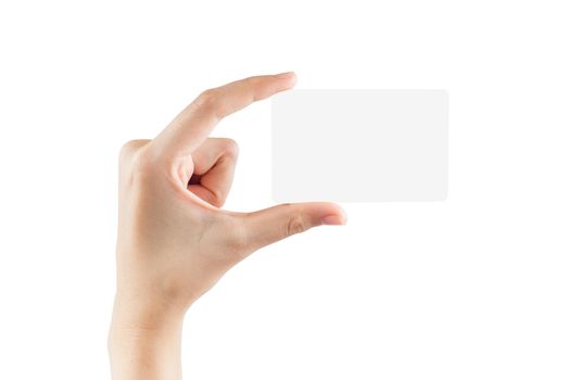Female hand hold blank card isolated on white background with clipping paths