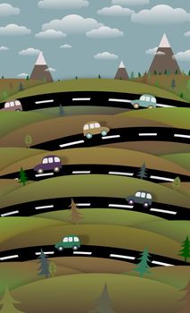 Illustration of a countryside scene with roads and cars