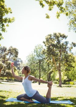 Fit woman doing yoga in the park on a sunny day