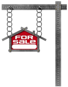 Grey metallic meter ruler in the shape of house with text for sale. For sale real estate sign isolated on white background