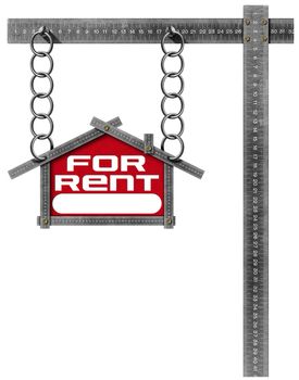 Grey metallic meter ruler in the shape of house with text for rent. For rent real estate sign isolated on white background